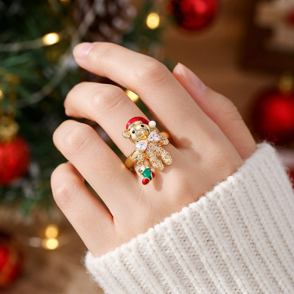 Women's Red Enamel Santa Hat Ring with Zirconia